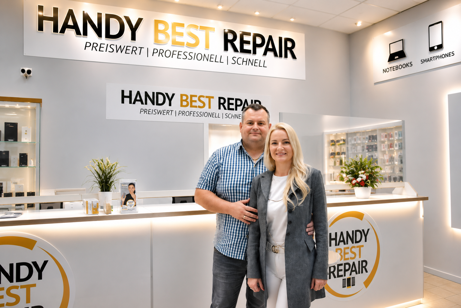 Rafael und Sofia Schmiel, Inhaber von Handy Best Repair, im Servicecenter im Kaufland Andernach
